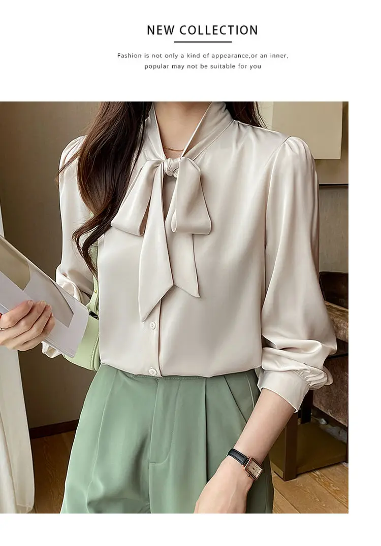 Korean Lacing Loose Solid Blouse Spring Autumn New Chiffon Long Sleeve All-match Elegant Shirt Tops Fashion Office Women Clothes