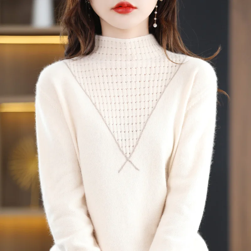 

Women's Pullover Elegant Fall/Winter New 100% Pure Wool Sweater Loose Half Turtleneck Ladies Tops Overside Casual Knitwear HOT