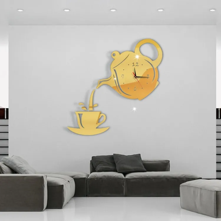 ZGXTM Acrylic DIY Creative Clock Living Room Mute Mirror Teapot Wall Sticker 3D Decorative Wall Clock 