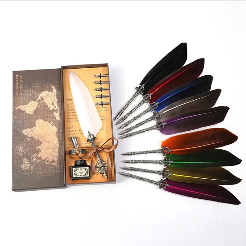 

Hot Sale 1set Retro Vintage Calligraphy Feather Dip Pen Writing Ink Set Stationery Quill Fountain Pens Creative Vintage Pen