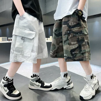 New Summer Kids Casual White Camouflage Shorts Big Boys High Waist Streetwear Short Pants Bottoms Tweens Child Camo Cargo Shorts 1