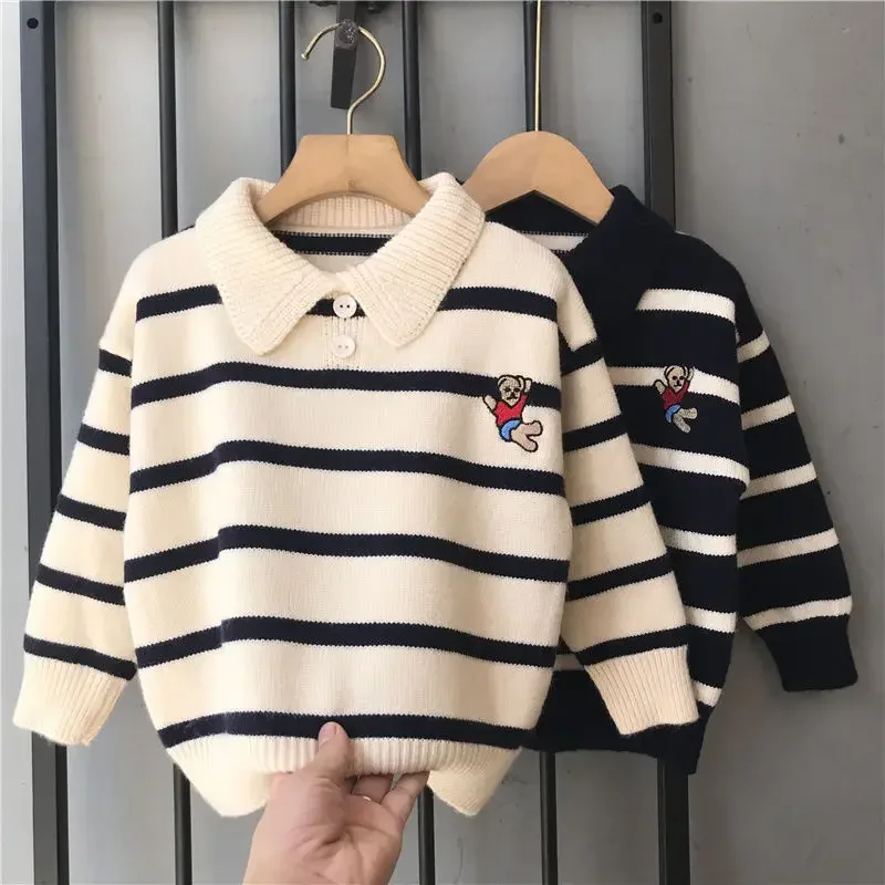 

2-10T Toddler Kid Boy Clothes Autumn Winter Warm Polo Collar Long Sleeve Stripe Sweater Girl Fashion Knitted Gentleman Knitwear