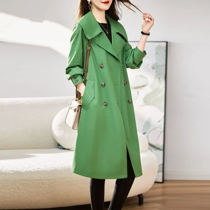 

2023 New Temperament Big Lapels Mid-length Trench Coat Jacket Women Spring and Autumn Slim Double Breasted Casual Comfort Jacket