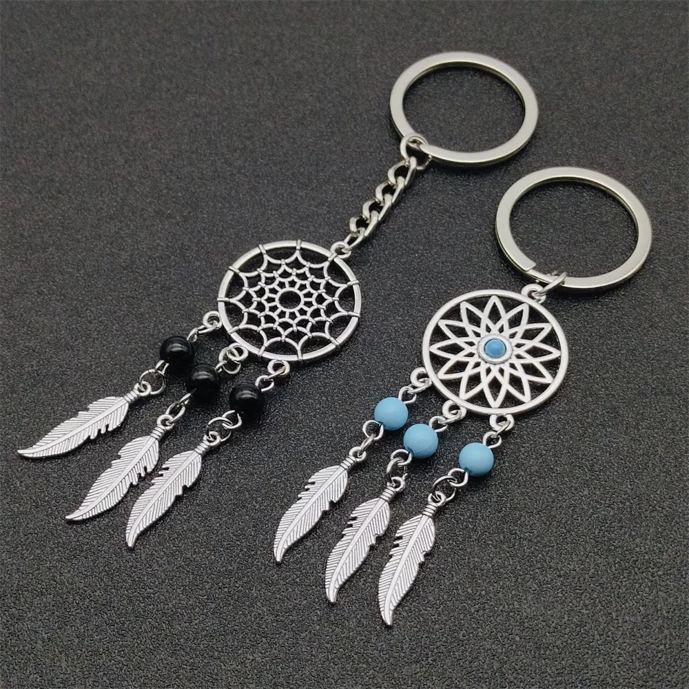 Dream Chaser Portachiavi Nappa Ciondolo Piuma Portachiavi Perline Royal Blue Black Beads Charm Retro Car Portachiavi Dream Chaser Gift