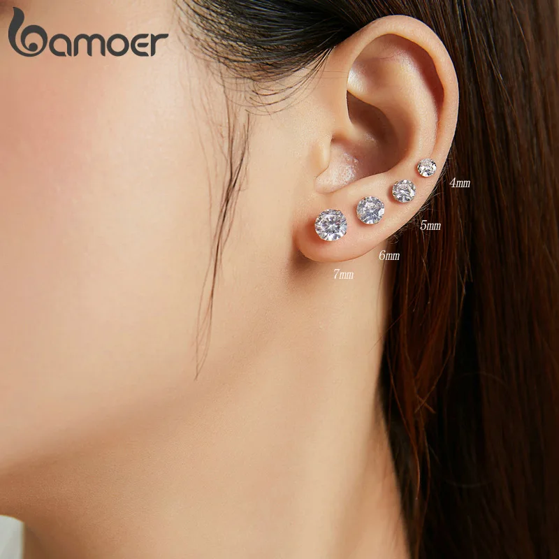 Women Silver Stud Earrings 925 Clear Cubic Zirconia Basic Wedding
