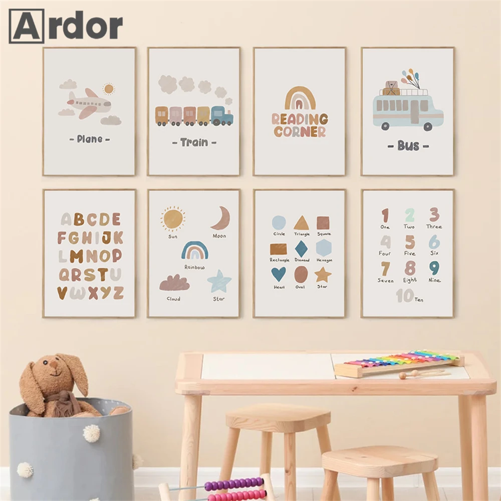 

Cartoon Bus Train Plane Posters Alphabet Pattern Wall Art Canvas Painting Rainbow Print Nursery Wall Pictures Kids Room Decor