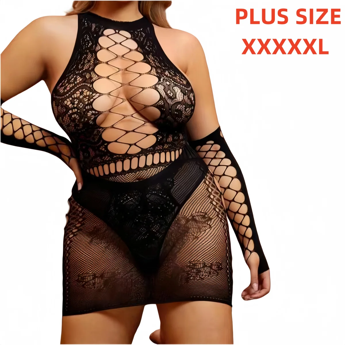 FREEAUCE Plus Size Sexy Fishnet Bodysuit Oversize Women Crotchless Tights Full Bodystockings Erotic Mesh Clothes Lingerie Set