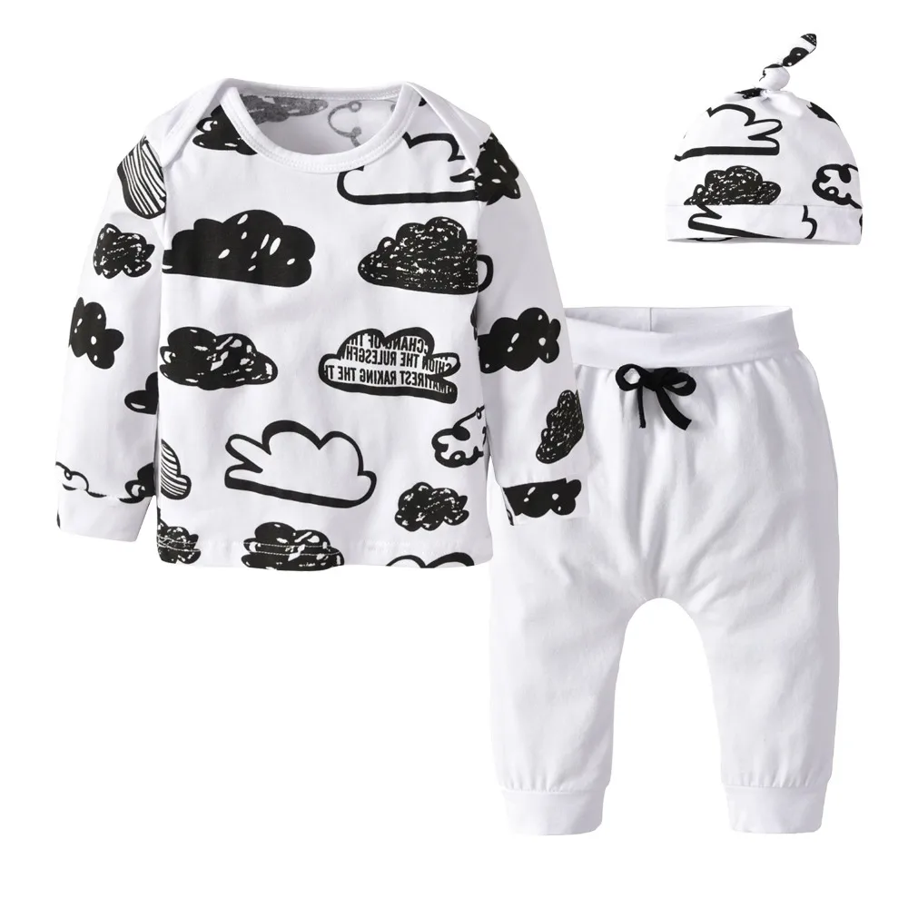Baby Boy Clothes Set Spring and Autumn New Clouds Printed Long Sleeve T-Shirt and Pants Cap Fashion Toddler Boys Outfit 0-2Y
