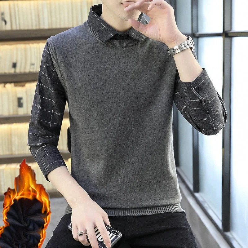 Men's Autumn Winter Pullover Turn-down Collar Button Patchwork Striped Flocking Plaid Long Sleeve Shirt Casual Formal Tops