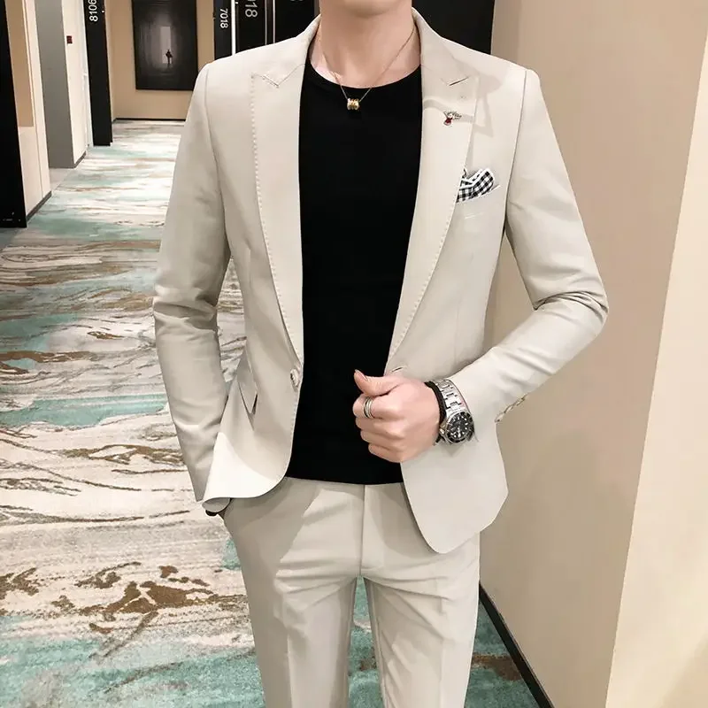 

High Quality (suit + Trousers) Men's Fashion Business Korean Version Casual Contrast Color Teenage Gentleman Slim Two-piece Suit