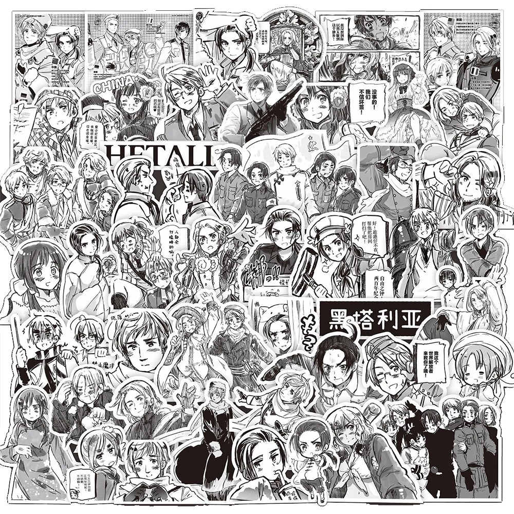 

10/30/75pcs Black and White Japanese Anime APH Stickers Axis Powers Hetalia Cartoon Decals Waterproof Graffiti Skateboard Laptop