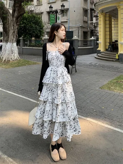 Guilantu Y2k Korean Style One Piece Floral Dress Women Vintage Elegant  Layered High Waist Black Long Slip Fairy Dresses Summer - AliExpress