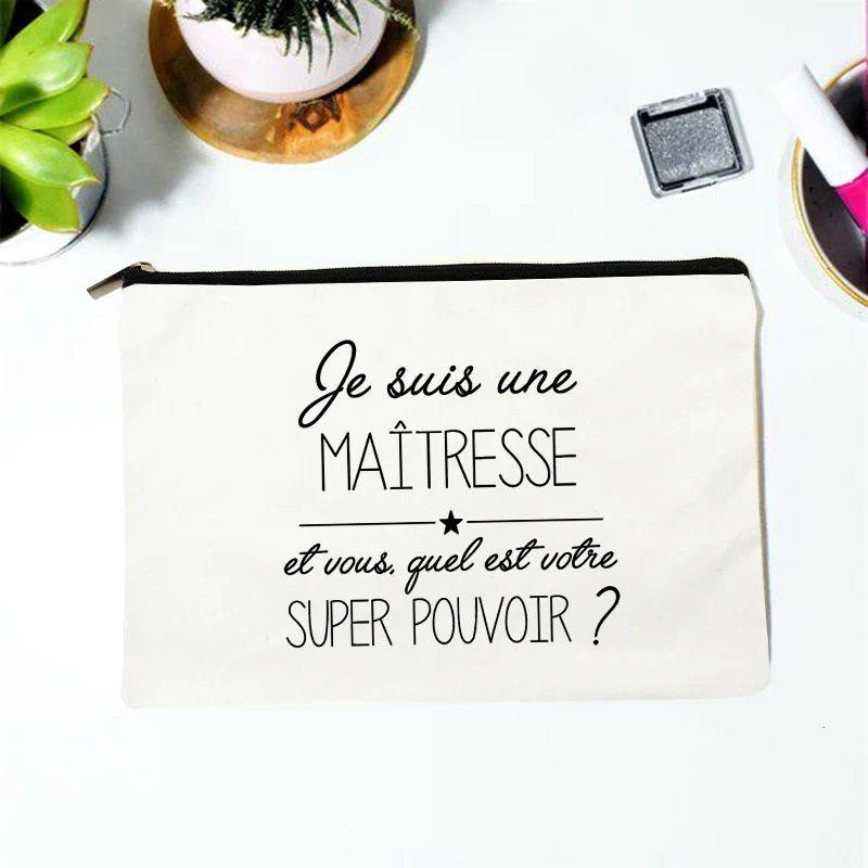 Teacher Superpower French Letter Print Women Cosmetic Bag Canvas Zipper Makeup Pouch Purse Organizer Pencil Bags Toiletry Bag Cosmetic Bags Cases Aliexpress