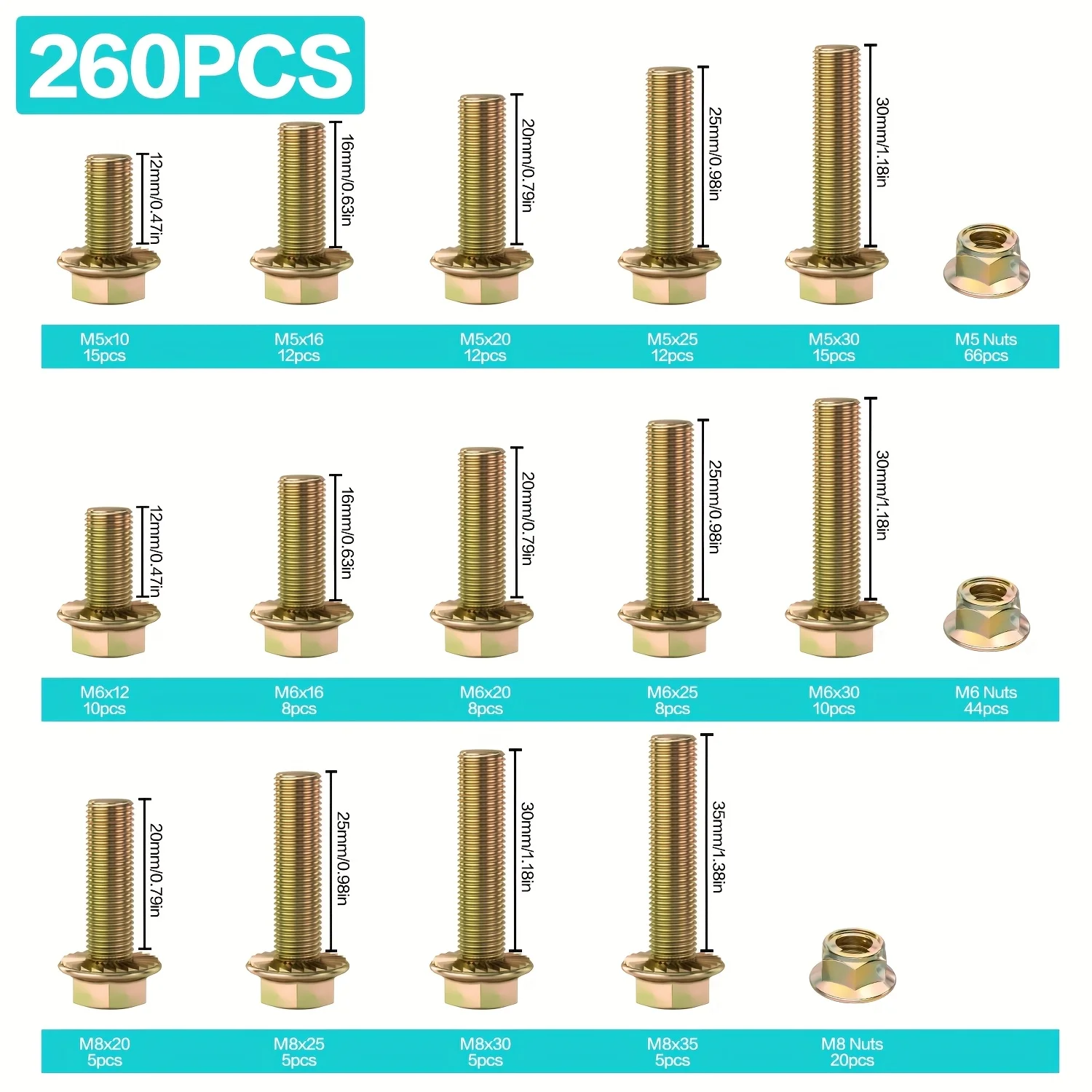 260 sets of 8.8 grade alloy steel flange bolts and nuts M5 M6 M8 metric hex screws with 14 common sizes of nuts screw bolt nut set screw washer nut kit