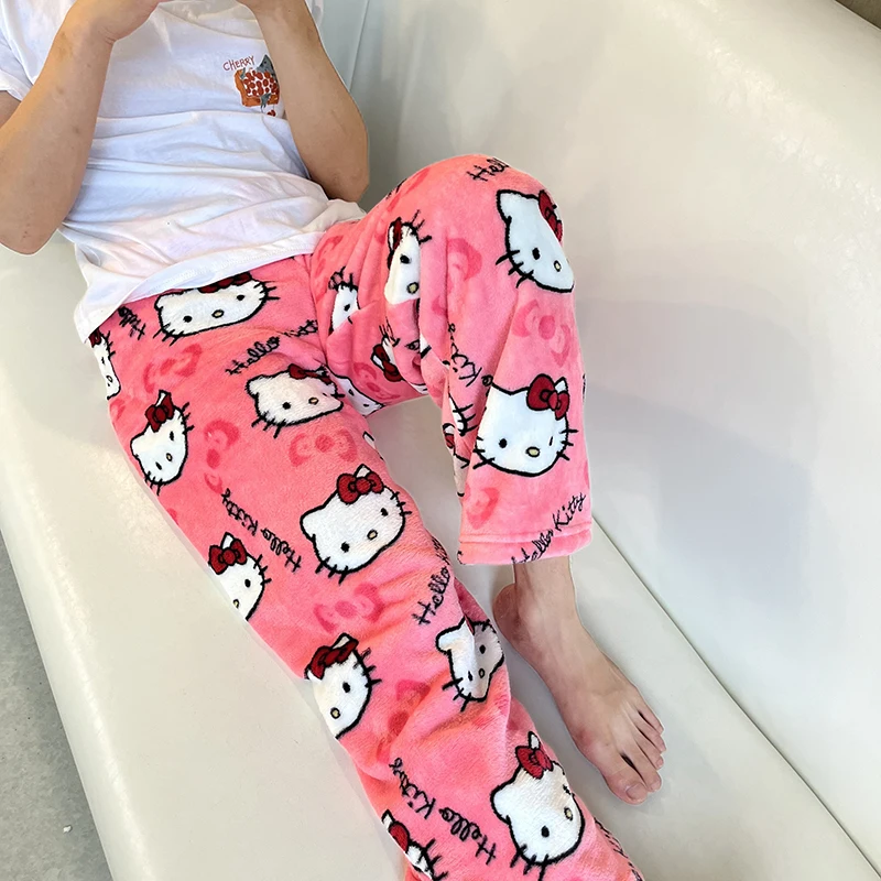 KT Cat Kitty Pajamas Black Anime Flannel Women Warm Woolen Whitecartoon Casual Home Pants Autumn Fashion Trousers Gifts