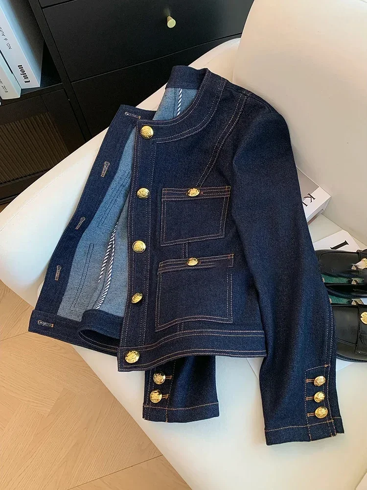 Syiwidii Blue Denim Jacket Women Autumn Classic Style Short Coat 2024 New Korean Fashion Pockets O-Neck Female Loose Jackets 3