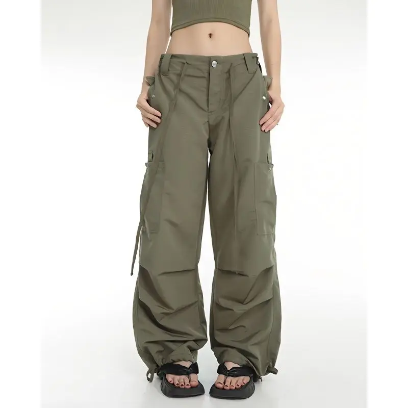 

Female 90s Pants Wide Leg Parachute Trousers Aesthetic Cargo Pants Vintage Retro Y2K Women High Street Drawstring