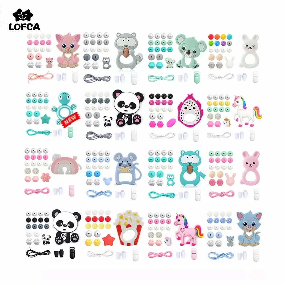 Baby Silicone Teether DIY Baby Teething Necklace Food Grade Cartoon Raccoon Panda Pacifier chain Clip Beads Toy Sets