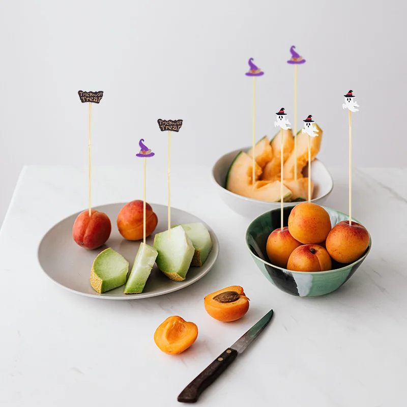 50/100Pcs Halloween Einweg Bambus Zahnstocher Kürbis Buffet Kuchen Obst Gabel Spieße Für Halloween Party Decor Cocktail Picks – Detail 8