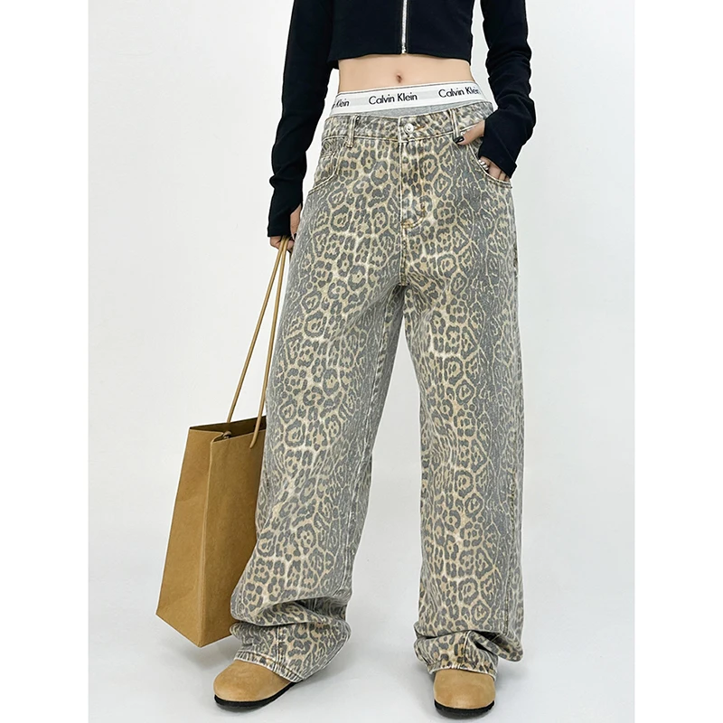 American Retro High Street Casual Overalls Leopard Print Loose Wide Leg  Pants For Women Y2k Hip-hop Cargo Grunge Baggy Trousers