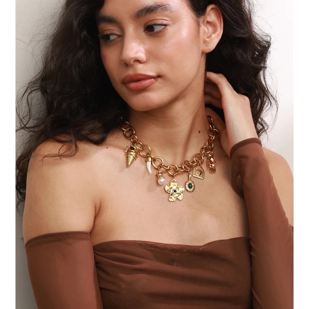 Yhpup Arrival Stainless Steel Vintage Palm Kettle Flower Drop Statement Necklace