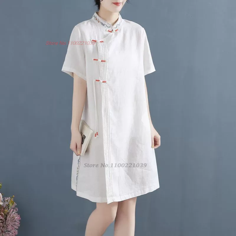 

2023 chinese vintage qipao national flower embroidery improved cheongsam dress cotton linen qipao oriental tea service qipao