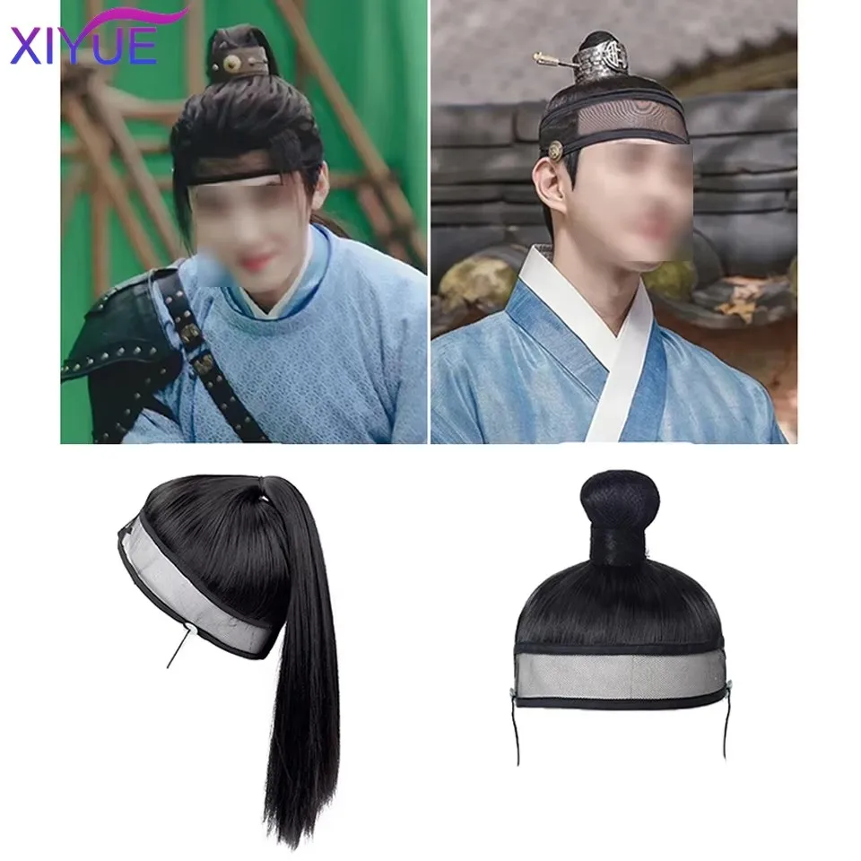 XIYUE 합성 코스프레 머리 장식 모자 블랙 Hanfu 남자 전사 코스프레 헤어 제품 명나라 고대 역사 닌자 헤어