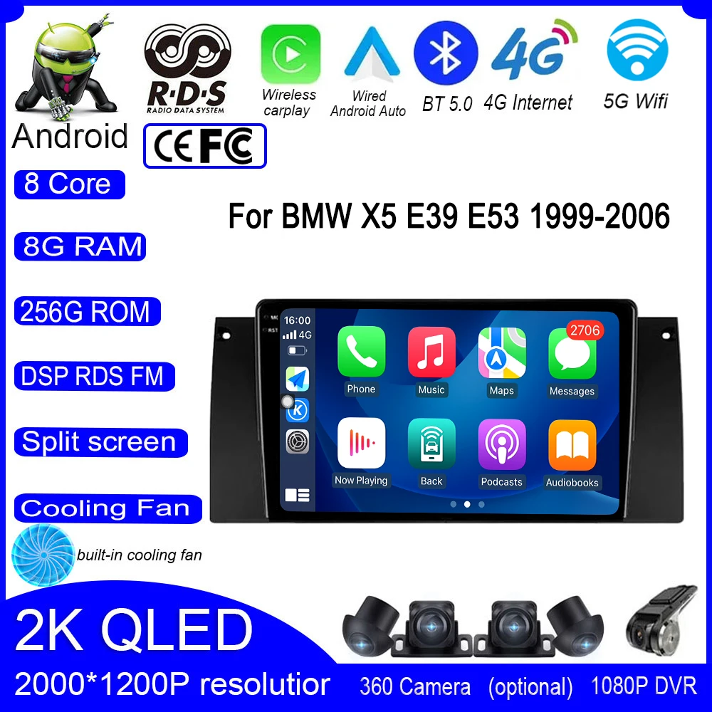 

9 Inch DSP QLED Screen Android 13 For BMW X5 E39 E53 1999-2006 Car GPS Radio Video 4G WIFI Multimedia Carplay Navigation