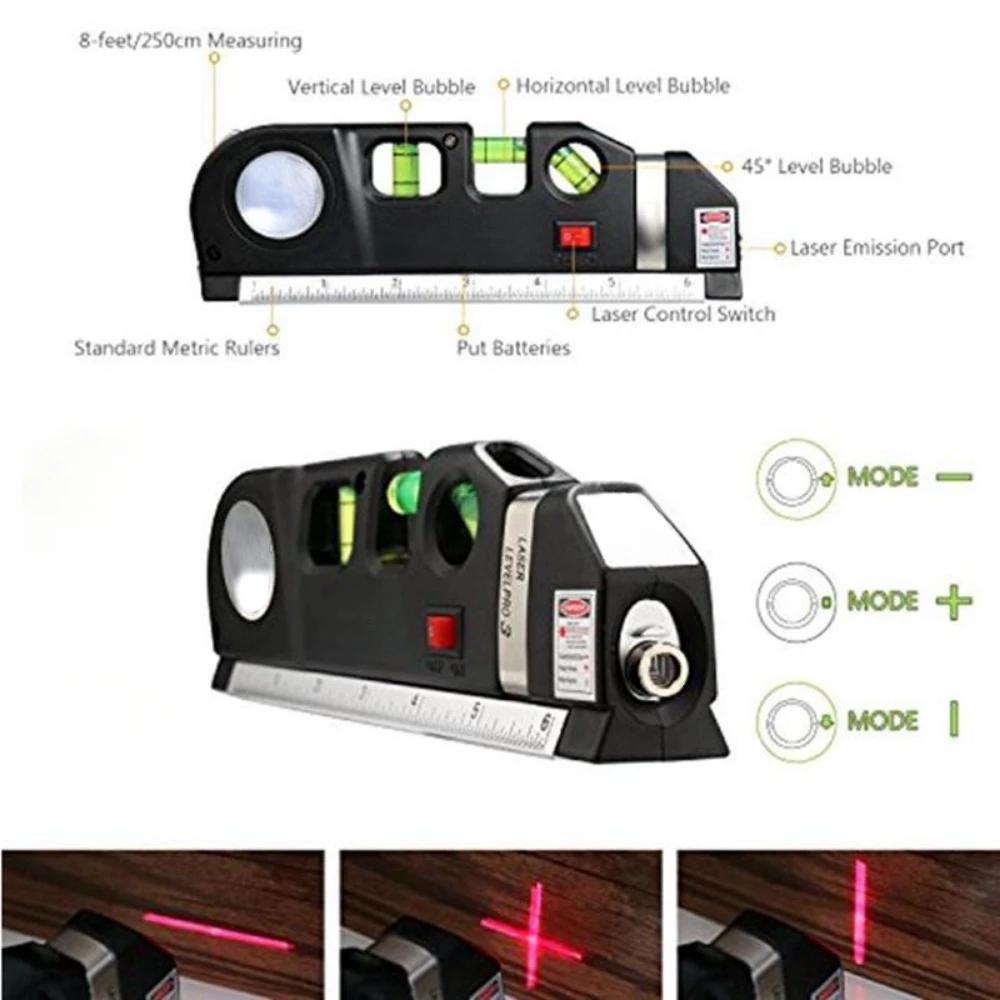 Laser Level Horizon Vertical Measure 8FT Aligner Standard and Metric Rulers Multipurpose Measure Level Laser Black