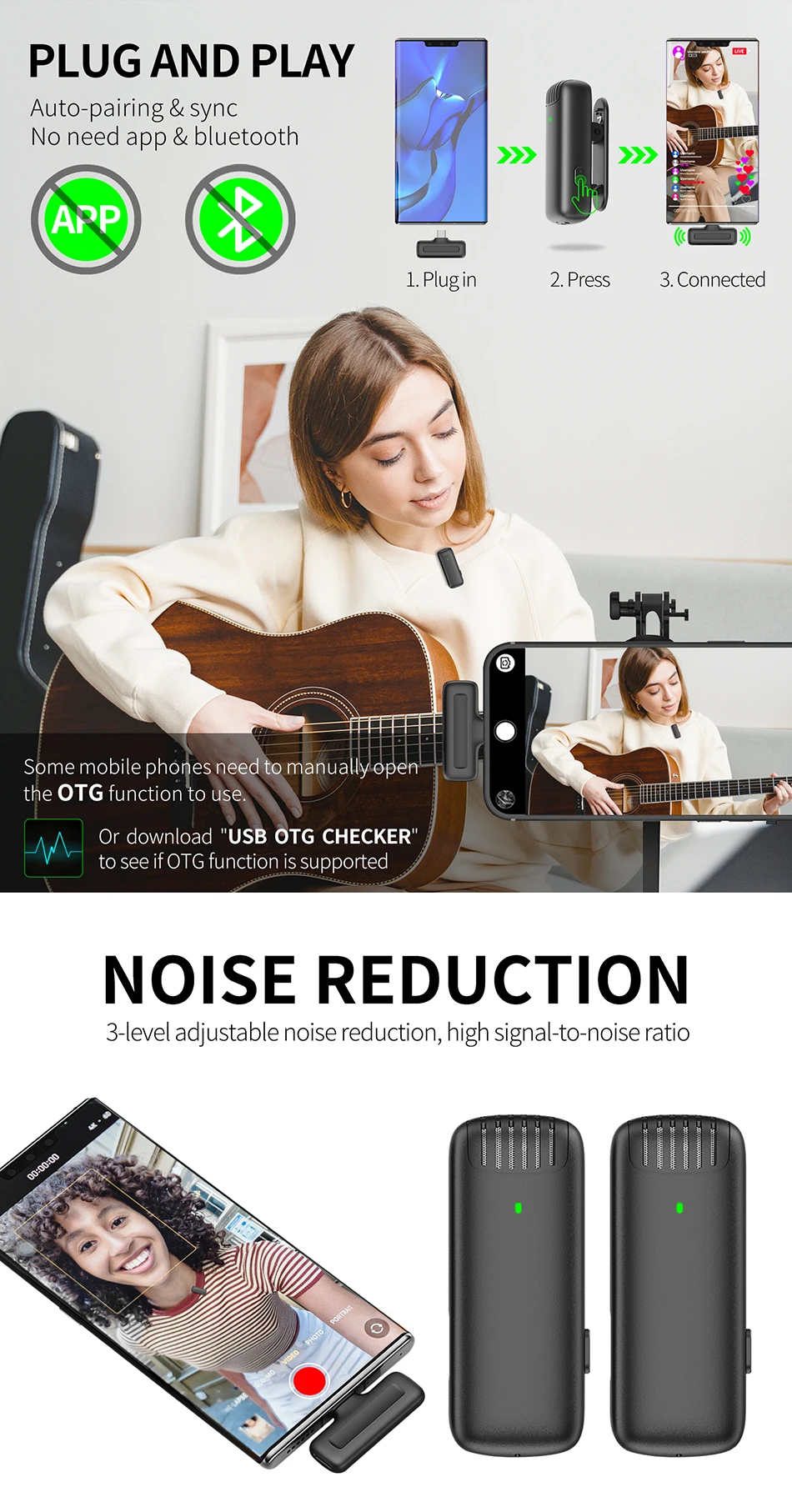 XTUGA J11 Professional Wireless Collar Video Audio Microphone Plug and Play Available Distance Of 20 Meters For iOS/Type-C