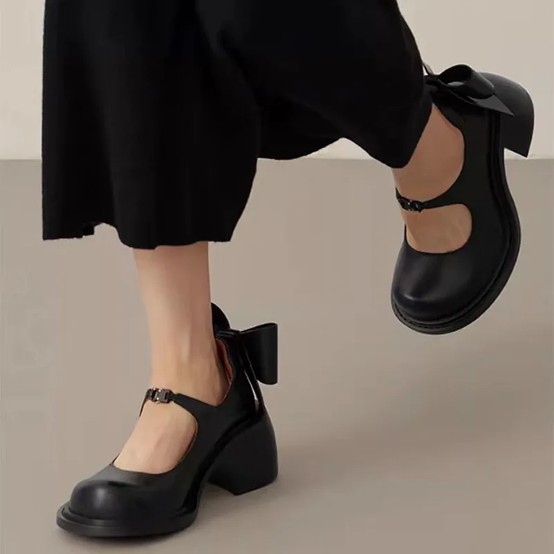 Big Toe Bow Black High Thick Heels Mary Jane Shoes 2025 Spring New Coarse Heels Women's Versatile Leather Shoes Single Shoes 3