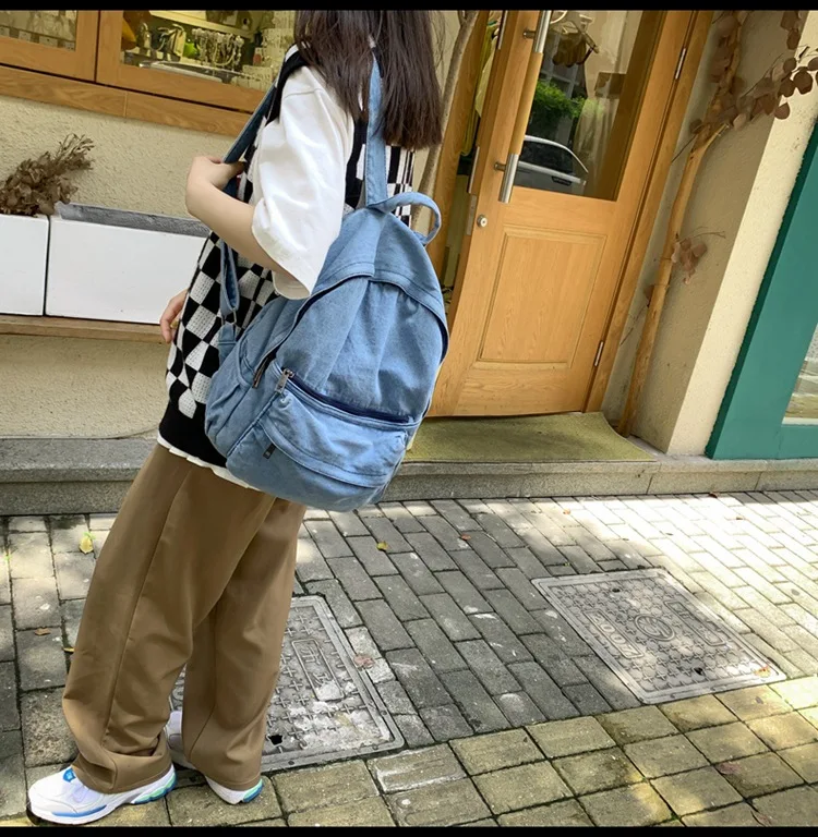 New Gray Denim Backpack Women's Leisure Travel Outing Shoulder Bag Female Fashion Schoolbags Suitable For Boys And Girls Mochila