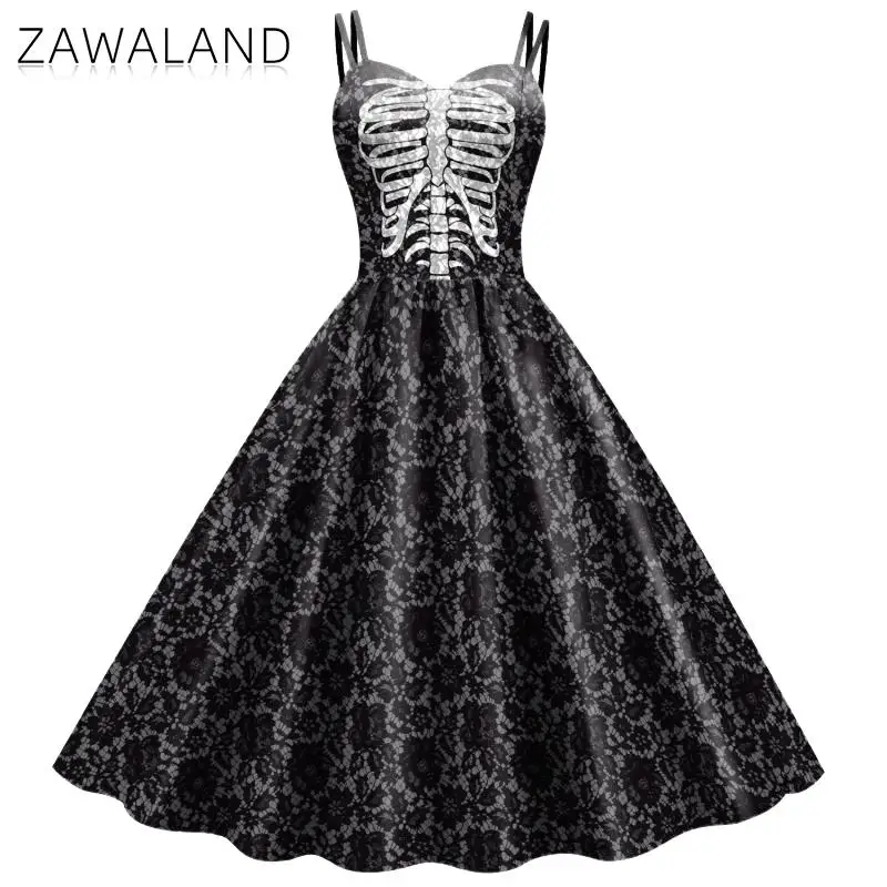Cosplay Costume Girls Party Dress Zawaland Halloween Fancy Skeleton Rose Print Women Dress Girl Carnival Party Dresses Female Goth Horror Costume Rockabilly Dress