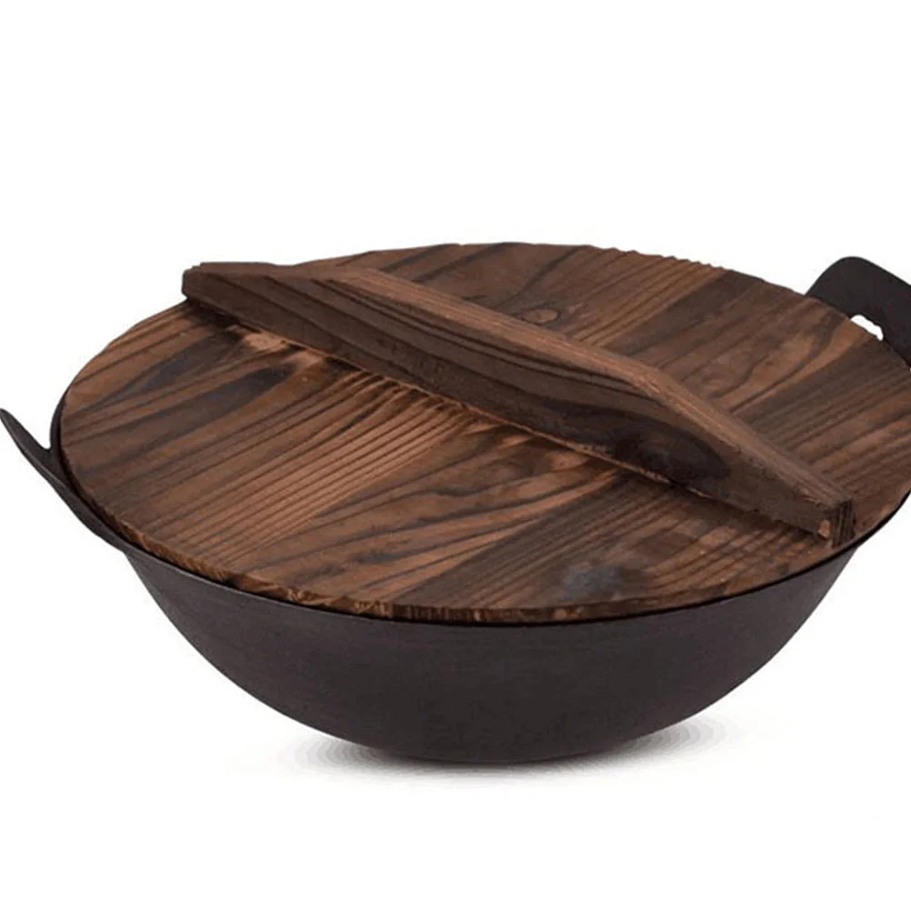 

Doitool Anti Spillover Pot Cover Wood Wok Lid Cover Cast Iron Wok Natural Wood Pot Lid Pan