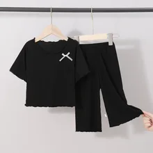  New Baby Girls' Short Sleeves With pants Set Children's Clothing Summer Pajamas Thin Stripe Girls' Checked Shorts 