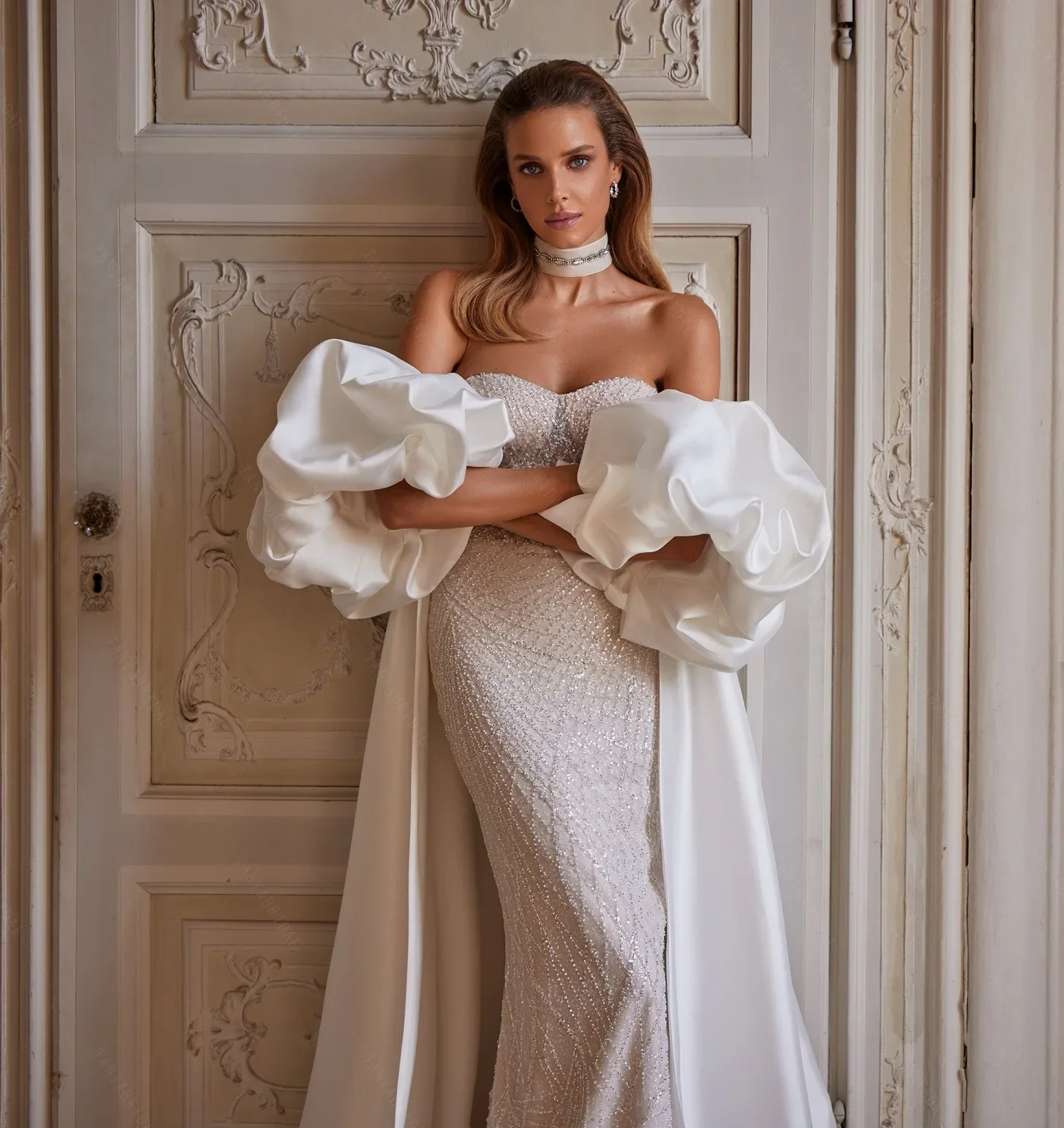Satin Bridal Detachable Train With Puff Sleeves Morden Wedding Removable Skirt For Dresses Sexy Bridal Overskirt Cape
