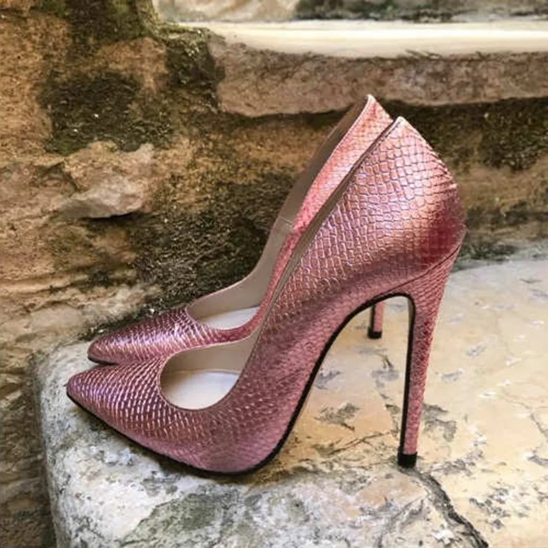 

Rose Pink Snakeskin Leather Shallow Women Pumps Pointed Toe Slip On Stiletto High Heels 12CM Celebrating Shoes Plus Size 45