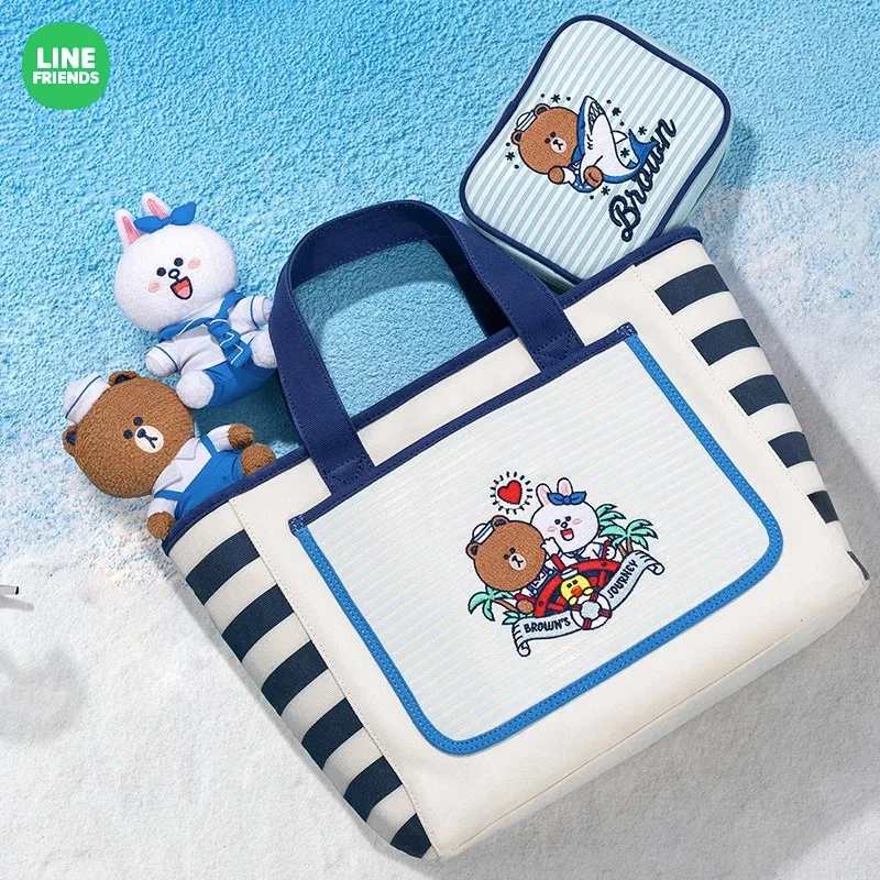 

Line Friends Brown Bear Striped Navy Canvas Bag Anime Cony Large Capacity Shoulder Bag Cartoon Sundries Storage Bag Cute Gifts