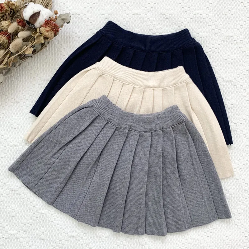 New Autumn Winter Baby Girl Knitted Skirts Korean Style Solid Color Toddlers Kids Pleated A Line Skirts