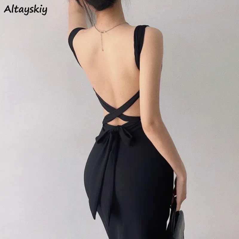 

Sexy Dresses Women Elegant Off Shoulder Criss-cross Solid Lace-up Slim Hollow Out Bodycon Basic High Street Popular Vestidos Ins