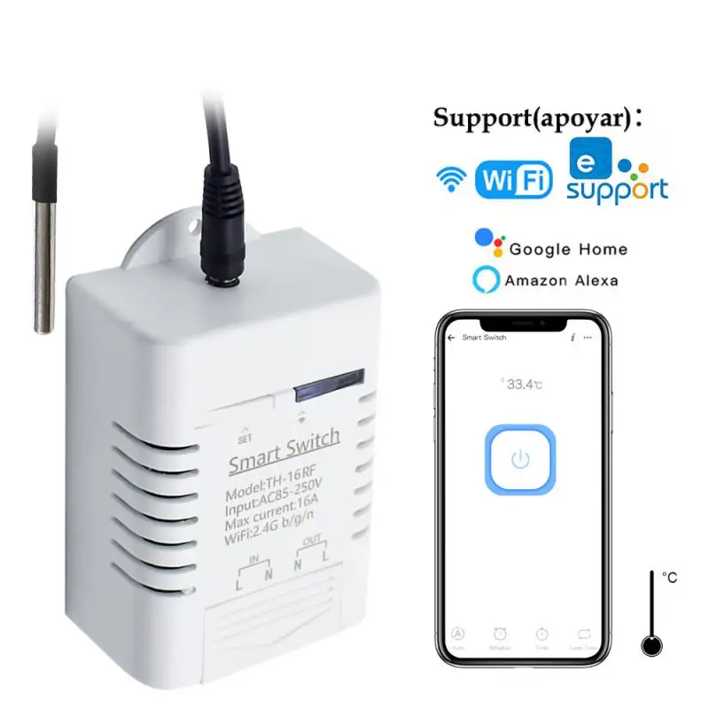 

WiFi Smart TH16 Switch 16A Temperature and Humidity Monitoring Switch Wireless Control Compatible with Alexa Home