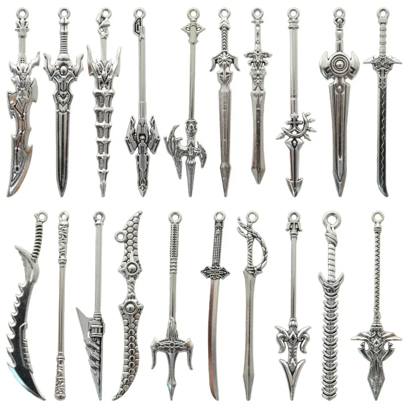 سحر سلاح عتيق مطلي بالفضة ، قلادات على شكل سيف معدني ، صياغة ذاتية الصنع ، إكسسوارات صنع المجوهرات ، جديد ، 20 طراز