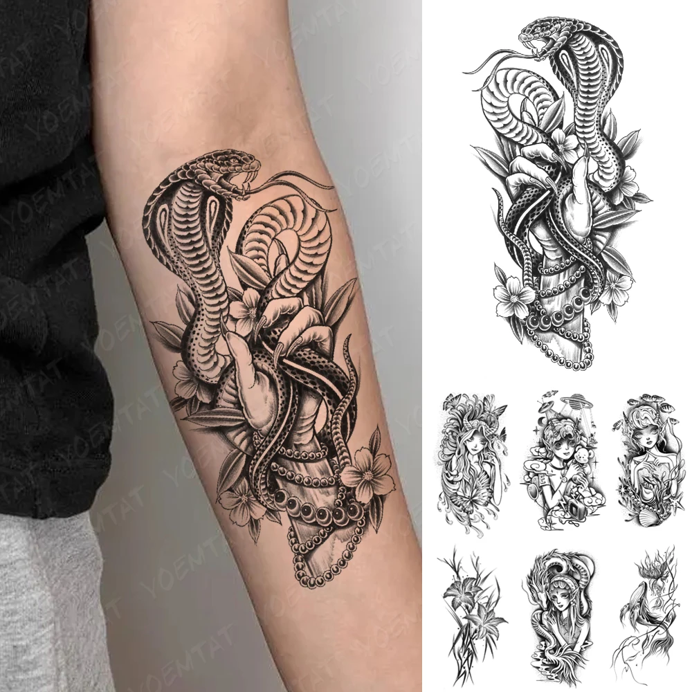 

Waterproof Temporary Tattoos Sticker Black Snake Cobra Demonic Hand Pearl Flower Women Flash Tattoo Fake Tatoo Arm Body Art Men