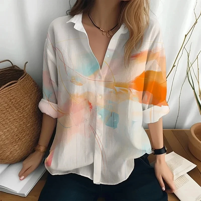 Fun Creative Painting 3D Digital Printing Long Sleeve Shirt Tie Dye Fashion Women's Button Casual Lapel Shirt