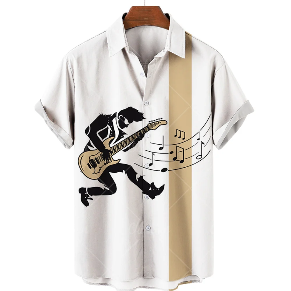 Hawaiian Men's Shirt 3D Harajuku Guitar Jazz Print Tops V-Neck Casual Blouses Fashion Tees Button Up Short Sleeve Pop Shirt Male
