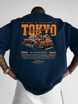 New men's summer fashion casual Japanese Tokyo pattern printed round neck short sleeved polyester fabric breathable T-shirt