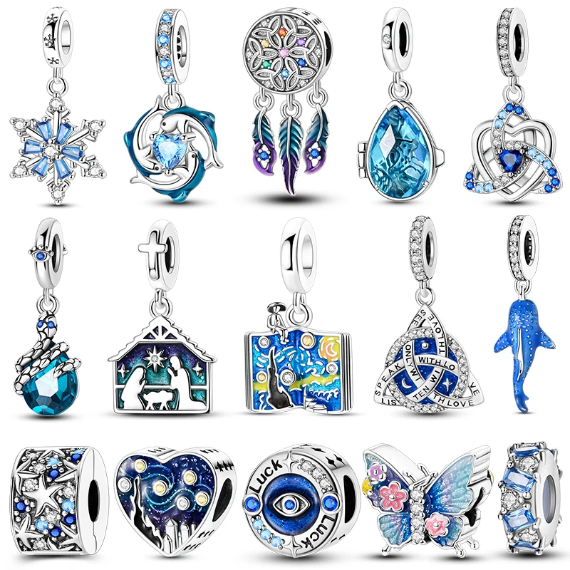 Charms Original 925 Silver Blue Beads Fit Bracelet Pendant Diy For Woman Fine Jewelry
