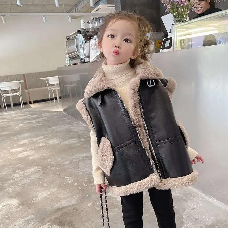 

2023 Spring and Autumn Vest for Girls Warm Girls Sleeveless Jacket 3-12 Years Kids Teenager Children Leather Waistcoat W125