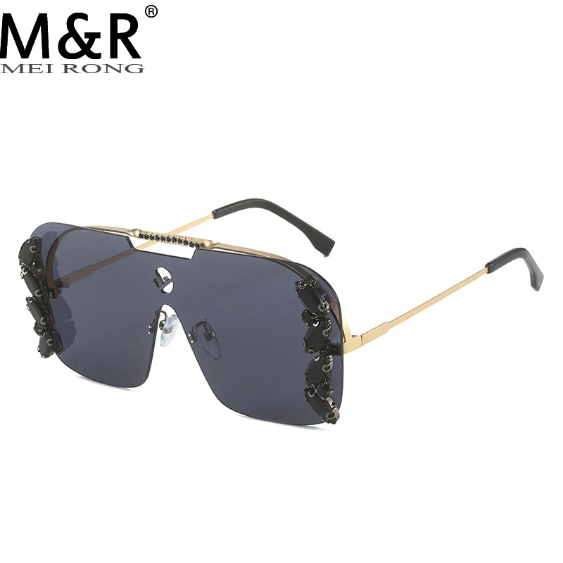 

2023 New Integrated Women's Borderless Sunglasses Personalized Fashion Diamond Embedding Metal Eyeglass Frame Summer Tourism Gla