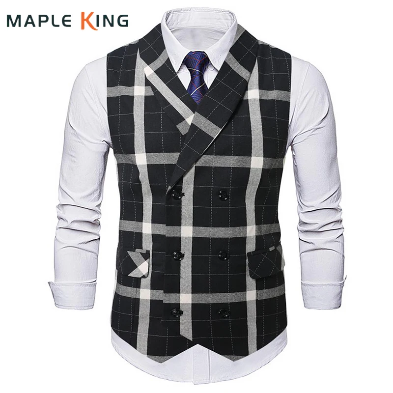 Classic Plaid Medieval Vest for Men Double Breasted Designer Waistcoat Vintage Gilet Hombre Men Wedding Formal Dress Vest